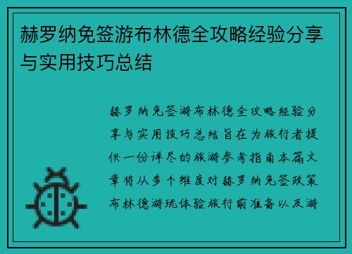 赫罗纳免签游布林德全攻略经验分享与实用技巧总结